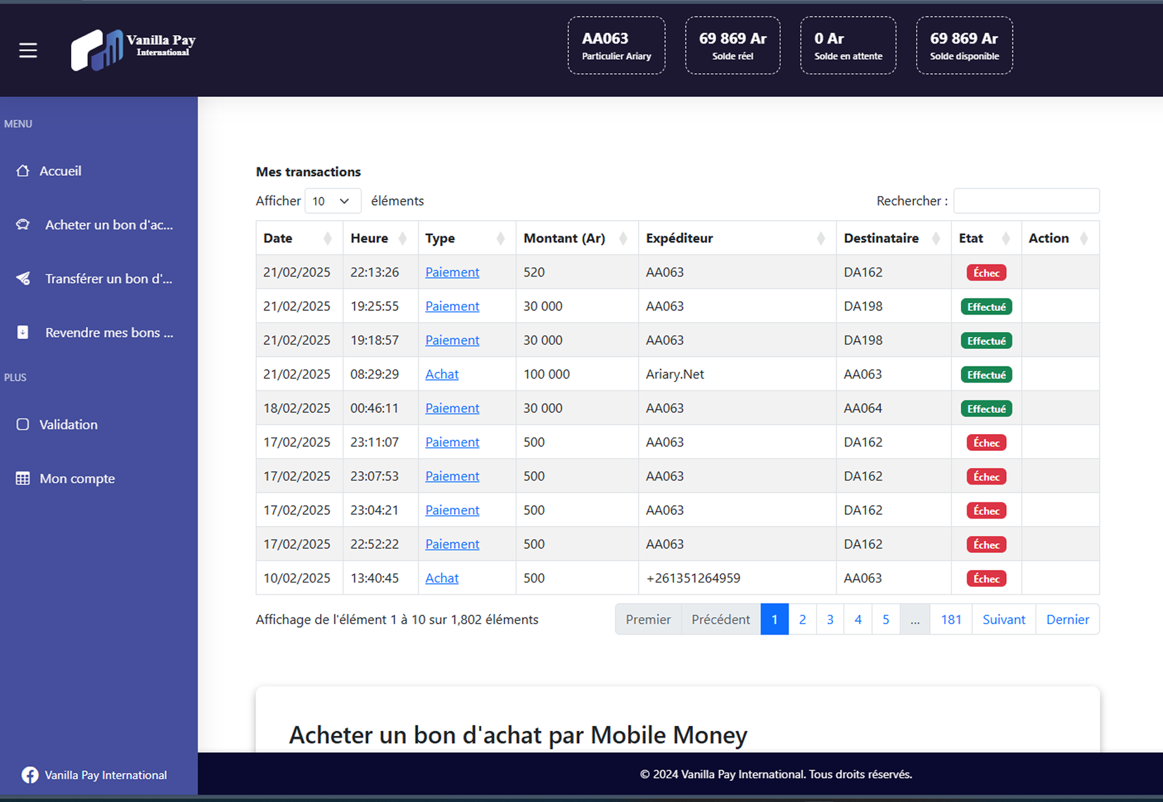 Interface mobile E-wallet
